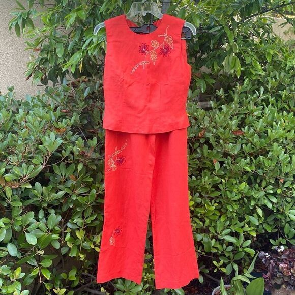 Donna Morgan Women's Orange Linen Blend Floral Embroidered Pantsuit 2 Pcs Size 6 - Picture 1 of 4